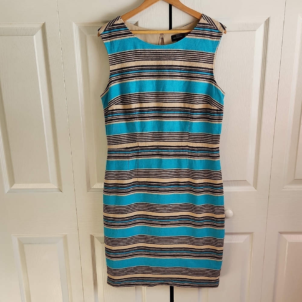 The Limited Tan & Blue Striped Dress Size 12 Linen Blend Office Vacation Resort